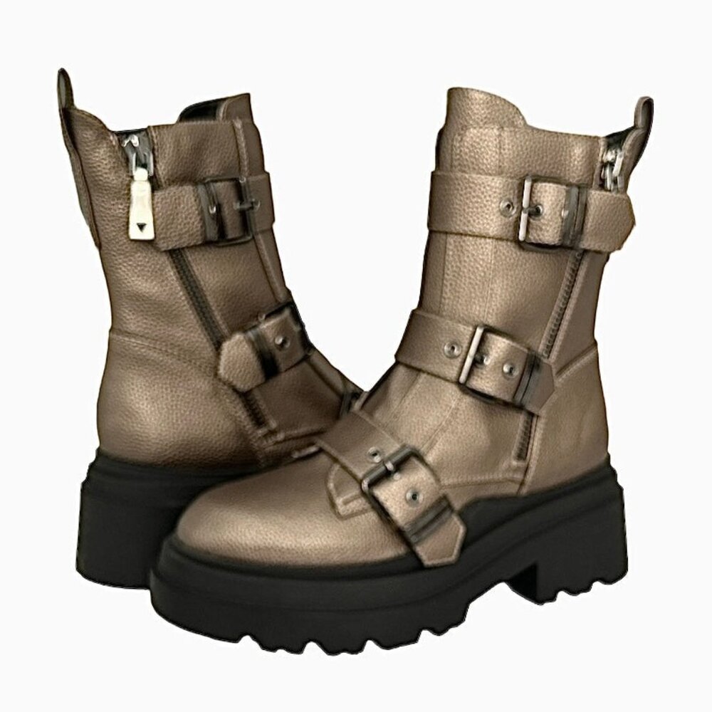 GUESS VALICIA Women's Pewter Lug Sole Buckle Combat Boots